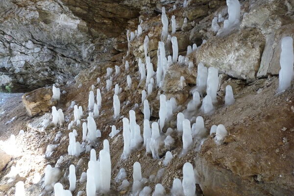 in einer Grotte stehen zahlreiche Eis-Stalagmiten am Boden