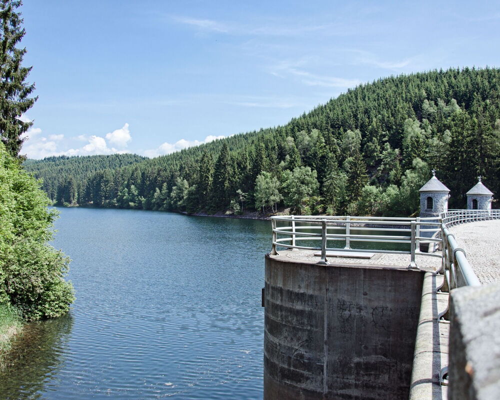 Talsperrenmauer mit Türmen und Wasserfläche im Wald