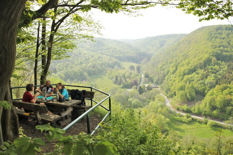 Menschen rasten an einem Aussichtspunkt im Wald, sind umgeben von frischem Maigrün, unterhalb befindet sich eine Tallage mit Wiesen und Wegeverbindungen