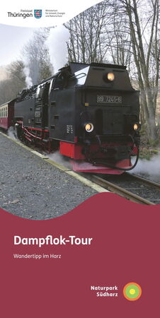 Vorderseite des Flyers zur Dampflok-Tour, mit einem Bild einer Dampflok als Motiv