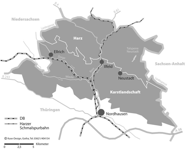 Kartenausschnitt der Naturparkregion Südharz in Nordthüringen mit wichtigen Ortsnamen, Straßen und Flüssen.