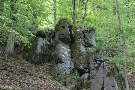 grau Felsformation am Hang. Flankiert von Bäumen mit Maiengrün
