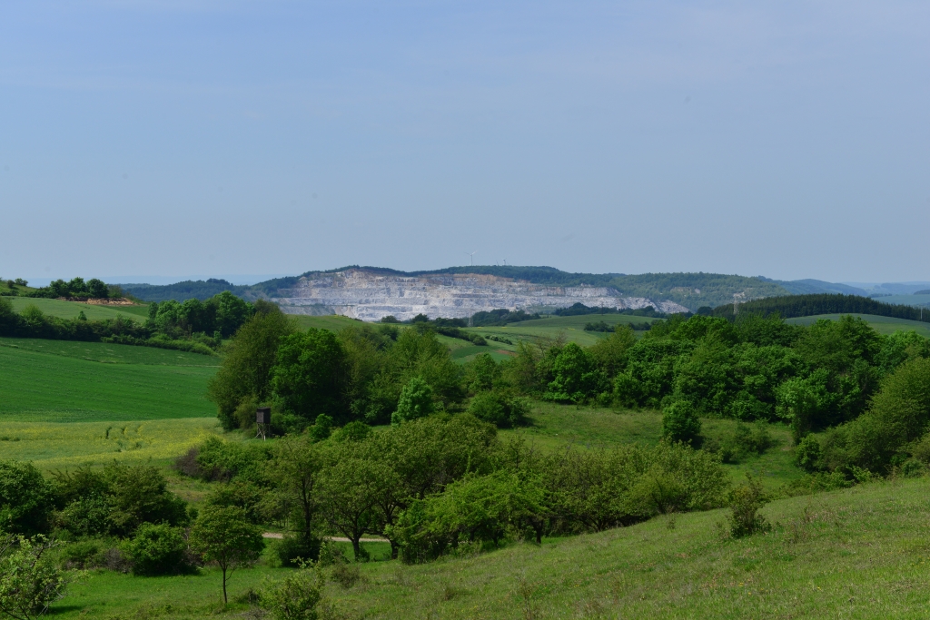 hügelige, grüne Wald- und Wisenlandschaft, am Horizont großer Tagebau mit weißem Gestein sichtbar