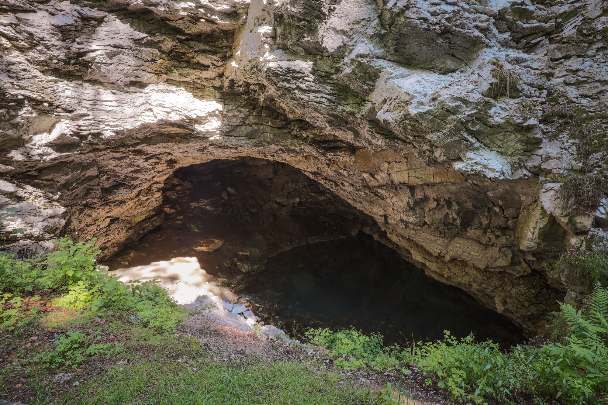 Blick in eine dunkle Grotte in weißem Gestein, in die teilweise das Sonnenlicht  scheint